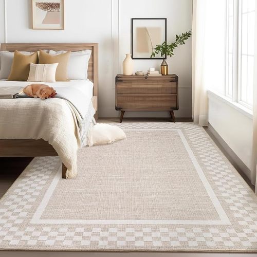 GarveeHome 5x7 Washable Area Rug for Bedroom Living Room Non Slip Modern Bordered Throw Rugs Low Pile Soft Checkered Dining Room Area Rugs Geometric Throw Carpet for Kitchen Nursery Office, Beige