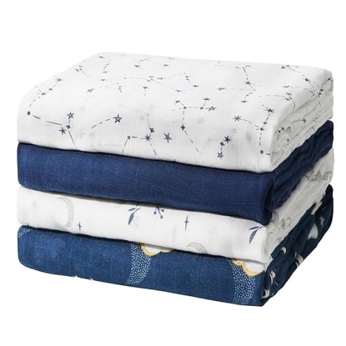 Momcozy Muslin Swaddle Blankets, Ultra Soft Neutral Swaddle Blanket, Breathable Large 47'' x 47'' Baby Infant Newborn Boys Girls Swaddling Receiving Blanket Wraps, Midnight Star Clouds