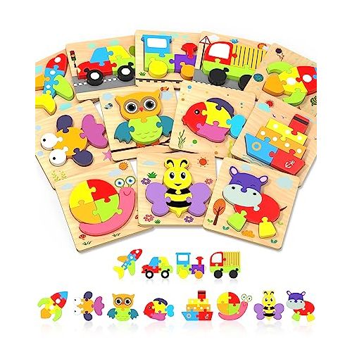 Yetonamr Wooden Toddler Puzzles Gifts Toys for Boys Girls, 12 Vehicle Shape Montessori Toy Educational Blocks Kids Toys Gift Baby Learning Toy
