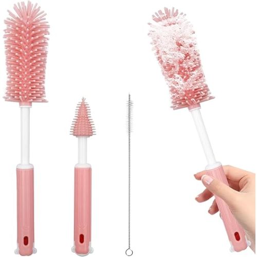 Breast Pump Cleaning Brush Kit,Bottle Brush Washer Set for Breast Pumps,3 in 1 Baby Bottle Nipple Pump Parts Cleaner Compatible with Momcozy,Medela,NCVI,Lansinoh and More Brands (Pink)