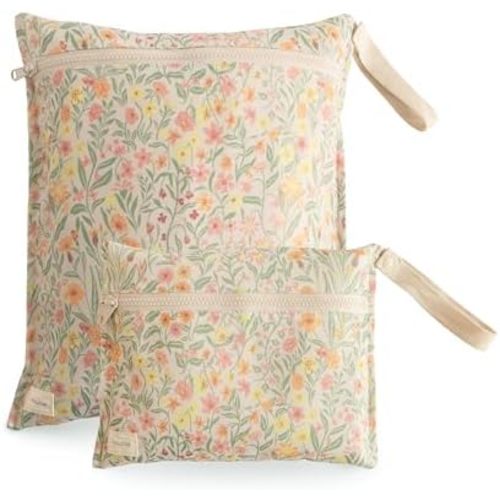 mushie Water Resistant Wet Bags | Large & Small Reusable Storage Bag for Baby Items and Travel | Zippered Pockets with Handle | Machine Washable, Set of 2 (Pastel Blooms)