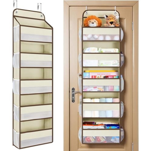 Yecaye Over The Door Organizer Storage, 5-Tier Heavy Duty Door Organizers Hanging with 10 Side Mesh Pockets, 44 lbs Load Capacity Behind Door Storage for Bathroom Nursery Bedroom Dorm Closet,Beige,1Pc