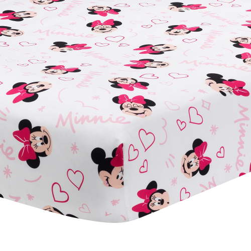 Lambs & Ivy Disney Baby Minnie Mouse Love Crib Sheet, White/Pink Heart Design, Fitted Mattress Bedding