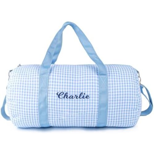 MT WORLD Kids Duffle Bag Personalized Toddler Weekender Duffle Bag with Name - Blue Checkered Toddler Travel Duffel with Removable Strap - Custom Child Gifts for Dance Ballet Baby Shower Birthday