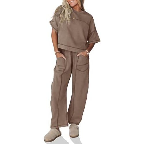 Fisoew Womens 2 Piece Outfits Lounge Sets Short Sleeve Tops and Wide Leg Pants Travel Vacation Casual Matching Sets