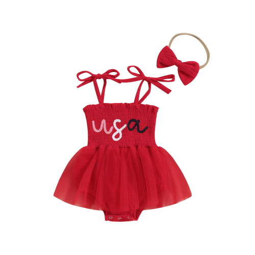 Hirigin Newborn Baby Girl 4th of July Romper Dress Outfit Cute Tie-up Strap Jumpsuit Summer Sling Playsuit with Headband
