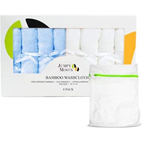JM Baby Washcloths - 100% Bamboo 10x10 Inch, Ultra Thick & Absorbent, Gentle on Delicate Skin, Premium Baby Face Cloth, Debarbouillette Pour Bébé, Giftbox & Laundry Bag Included 8 Pack, Blue & White
