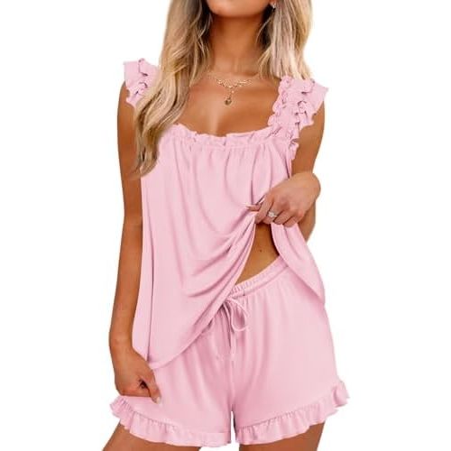Ekouaer Pajama for Women Set 2 Piece Ruffle Pjs Soft Tank Top and Shorts