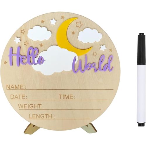 Baby Announcement Sign, ​5.9 Inch Wooden Hello World Newborn Signs, Birth Announcement Sign, Moon Cloud Stars Decoration, Welcome Newborn Arrival To World, Hospital Nursery for Baby (Purple)