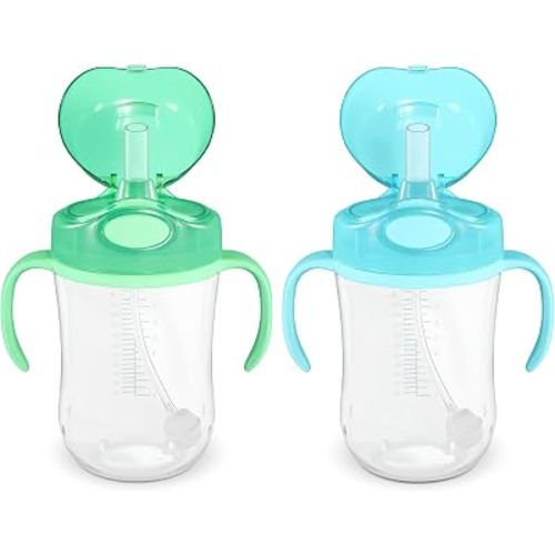 Amazon Basics Spill Proof Dishwasher Safe Silicone Weighted Straw Sippy Cup with Removable Handles, BPA Free, 9 Ounces, Blue/Green, Pack of 2 (Previously Mama Bear)