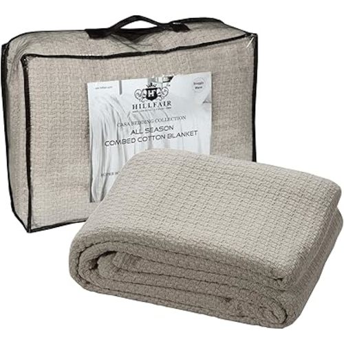 HILLFAIR 100% Combed Cotton Blanket– King Bed Blanket– Soft Warm Multipurpose Throws for Luxury Home Decor–90 x 108 inch King Size Cotton Blankets for Beds- Bed Blankets for All Season- Sand Grey