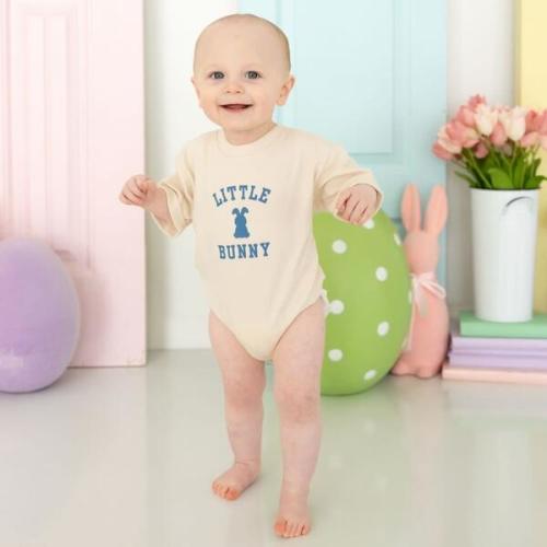 Little Bunny Steel Blue Easter Short Sleeve Romper, Natural - Sweet Wink | Maisonette