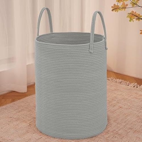 Large Woven Laundry Basket Hamper,60L Cotton Rope Storage Bin for Blankets,Toys and Clothes,Decorative Tall Nursery Hamper for Living Room,Baby Nursery,Bathroom and Bedroom,Grey