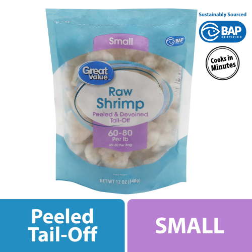 Great Value Raw Small Peeled Deveined Tail-Off Shrimp 12 oz Bag 60-80 Count per lb Frozen Seafood