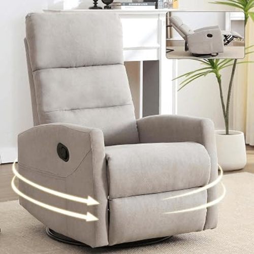 360° Swivel Rocker Recliner Chair for Adults, Fabric Swivel Nursery Glider Recliner Chair with Side Pockets, Manual Lazy Boy Recliner for Living Room Small Spaces (Light Grey)
