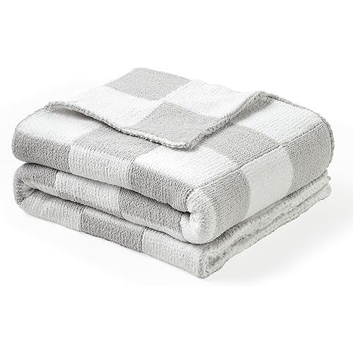 CREVENT 30"X40" Cozy Soft Warm Chenille Baby Blanket for Girls Boys, Newborn Essentials for Infant, Baby Shower Receiving Gift - Checked Grey 75X100cm