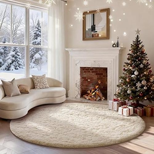 Ophanie Round Rugs 5Ft Ivory Circle Area Rug, Nursery Room Decor, Christmas Aesthetic Bedroom Home Circular Carpet 5 Foot, Fluffy Fuzzy Shag Plush Cream Living Room Rugs for Kids Boys Girls Teen Baby