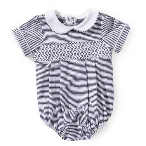Edgehill Collection Baby Boys Striped Short Sleeve Peter Pan Collar Smocked Bubble Romper