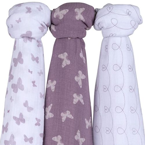 Ely's & Co. Muslin Swaddle Blanket 100% Soft Muslin Cotton 3 Pack 47"x 47" (Lavender Butterfly) - 3-Pack