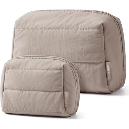 BAGSMART Puffy Padded Travel Makeup Bag Duo Large & Small for Women, Camel