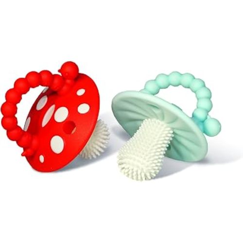 RaZbaby Soft Silicone Infant & Baby 3M+ Teether Toy Massaging Bristles Teething Relief Pacifier - Soothes Sore Gums - Hands-Free & Easy-to-Hold Chompy Teether, BPA Free (RED/Blue)