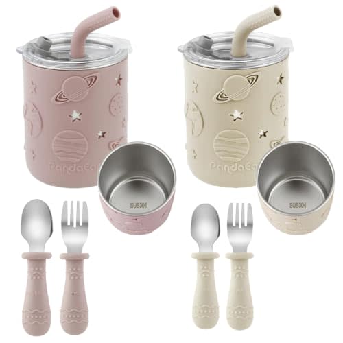 PandaEar Stainless Steel Toddler Cups with Straw, 2 Pack, Spoons & Forks | Spill-proof lid, anti-pull straw with teething stopper, silicone sleeve, 8.8oz, BPA free, space design, dishwasher safe