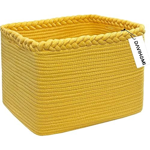 Small Woven Cotton Rope Basket for Storage, Gift Baskets for Handles, Cloth Storage Baskets for Organizing-13.5" x 11" x 9.5" home decor for Living Room, Bathroom（Yellow）