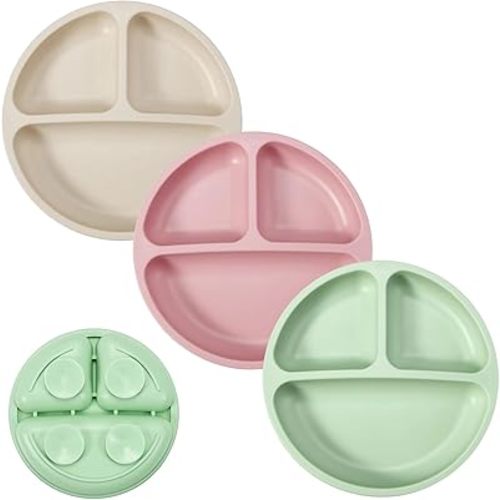 PandaEar Suction Plates for Toddler, 3 Pack Divided Baby Plates with Suction, 100% Food Grade Silicone Toddler Plates, Non-Slip, Baby Led Weaning Supplies, Microwave & Dishwasher Safe