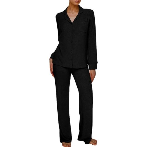 AnotherChill Women's Pajamas Set Long Sleeve Button Down Ribbed Knit 2 Piece Sleep Sets Loungewear Soft Pjs