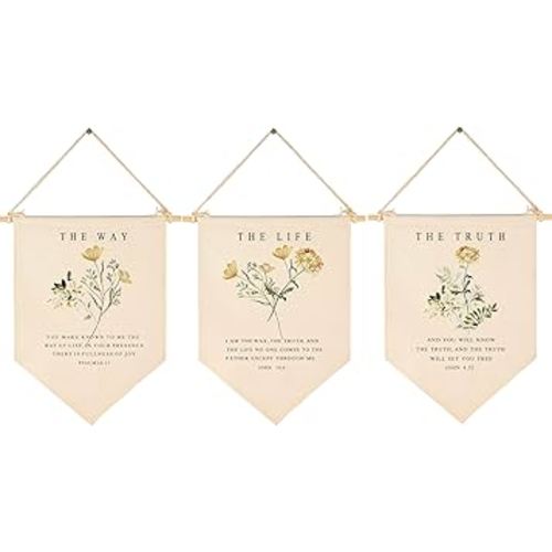 Christian Floral Flag Sign Gifts,The Way,The Truth,The Life,Bible Verse Wall Decor Gifts,Botanical Scripture-Canvas Hanging Pennant Flag Banner Wall Sign Decor Present for Baby Boys Girls Kids-Set of 3