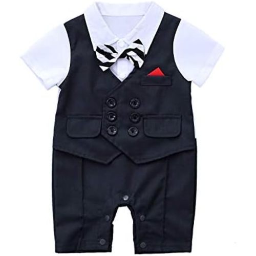 Baby Boy Gentleman White Shirt Waistcoat Bowtie Tuxedo Onesie Jumpsuit Overall Romper