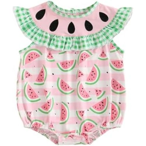Baby Girl Watermelon Romper Sleeveless Ruffle Smocked Bubble Bodysuit with Pockets Cute One Piece Summer Outfits