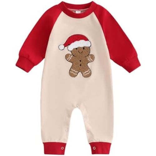 Lesimsam Unisex Newborn Baby Boy Girl Christmas Outfit Gingerbread Man Embroidery Long Sleeve Romper Jumpsuit Winter Clothes