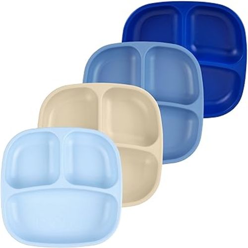 Re-Play Divided Toddler Plates Set of 4 - Deep-Walled 3 Compartment Kids Plates for Picky Eaters - Dishwasher & Microwave Safe - BPA-Free - Made in USA, Cool Blues