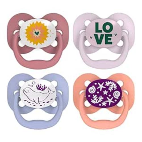 Dr. Brown's Advantage Glow-in-the-Dark Baby Pacifier, Fully Symmetrical Soother with Soft Silicone Bulb, Lavender Love-Coral Ocean, 0-6m, BPA Free, 4 Pack