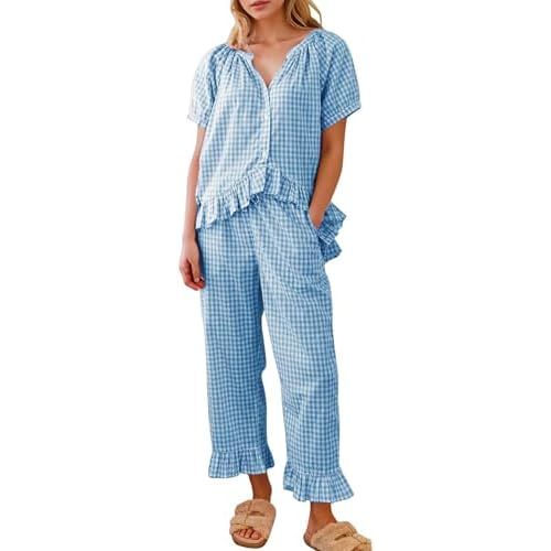 Womens 2 Piece Gingham Pajamas Set Cute Plaid Pjs Cotton Short Sleeve Babydoll Shirt Ruffle Pants Lounge Sets