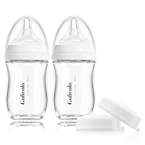 Gulicola Natural Glass Baby Bottle for Breastfeeding Babies, Newborn Anti-Colic Bottle Set with Slow Flow Nipple, 0-3 Months, 5 oz, 2 Pack - White
