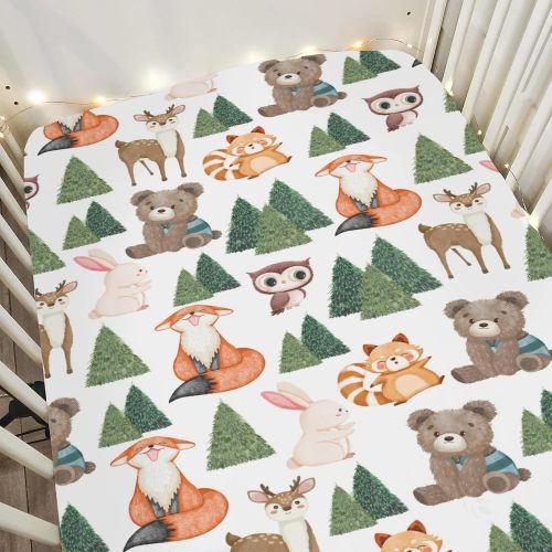 "Cute" Animals Baby Crib Sheets for Boy Girl 28"x52" Bear Deer Raccoon Bunny Owl Pine Trees Soft Stretchy Fitted Crib Mattress Cover Animal Baby Sheet for Crib & Toddler Bed Mattress