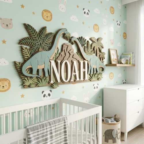 Dinosaur Name Sign for Nursery, Personalized Wood Name Sign, Boys Bedroom Wall Decor, Custom Wooden Letters, Brachiosaurus Room Decor