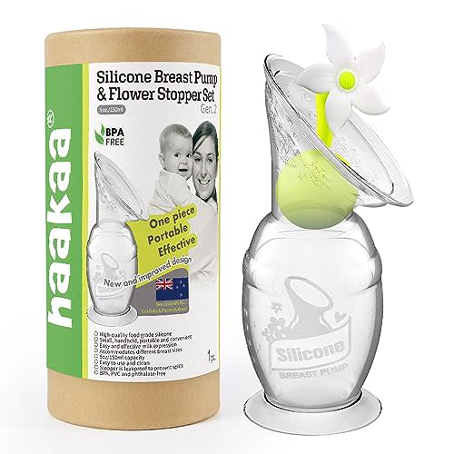 Haakaa Manual Breast Pump Silicone Breast Pump Milk Saver Milk Pump with Suction Base and Flower Stopper 100% Food Grade Silicone BPA Free (5oz/150ml) (White)