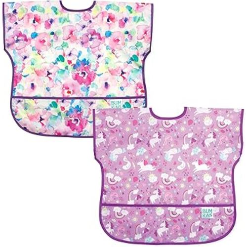 Bumkins - Junior Bib - For Boys & Girls, Toddlers & Kids 1-3 Years - Lightweight, Durable, Waterproof - Short Sleeve Bib - Catch-All Pocket - Wipeable & Machine Washable - Unicorns, 2-pack