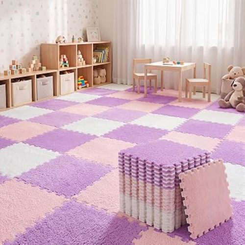 Amylove 18 Pcs Plush Foam Interlocking Carpet Tiles,Beige, Pink, Mauve