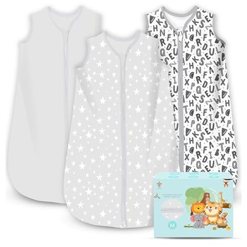 Cute Castle Baby Sleep Sack 6-12 Months - Lightweight 100% Cotton 2-Way Zipper TOG 0.5 Infant Wearable Blanket, Newborn Essentials Toddler Sleep Clothes, 3 Pack(Gray, Letters, Stars)