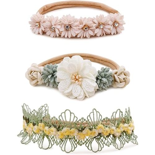 Baby Girl Floral Headband Nylon Flower Crown Elastic Hairband 3pcs Hair Accessories Gift for Girls (9571)