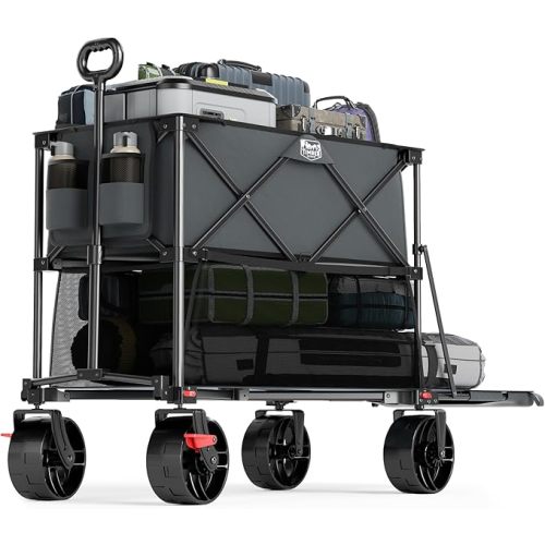 TIMBER RIDGE 400L Large Capacity Folding Double Decker Wagon with Brakes, 54" Extra Long Extender Wagon Cart, 450lbs Heavy Duty Collapsible Cart, All-Terrain Big Wheels for Camping, Sports, Shopping