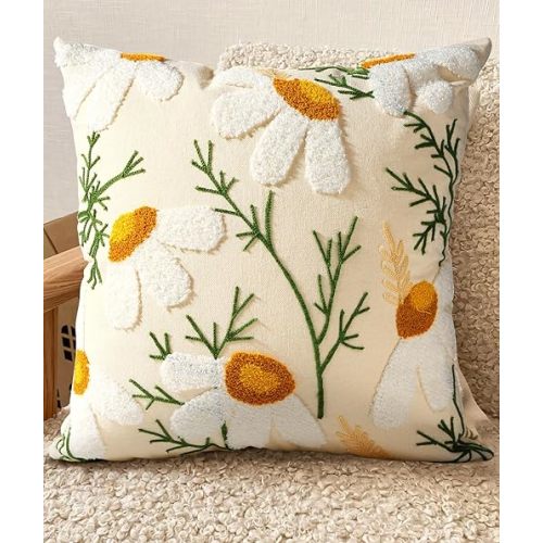 Embroidered Throw Pillow Covers - 18x18 Decorative Pillow Covers with Zipper Aesthetic Cute Design Boho Summer Cozy Throw Pillowcases for Living Room Couch Sofa Bed, White Daisy