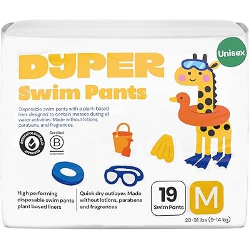 DYPER Baby Swim Diapers Size Medium (20-31 lbs), 19 Count | Disposable Swim Pants | Plant-Based, Hypoallergenic & Fragrance Free | Won't Swell in Water | for Pool, Beach, Swim Lessons & Water Play