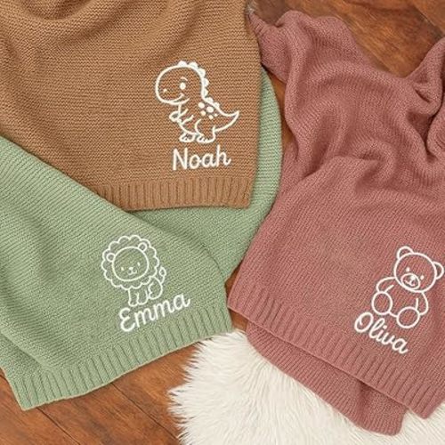 Luxury Personalized Baby Knit Blanket 30x40in, Custom Embroidered Name & Animal, 100% Soft Cotton Yarn Cozy and Breathable, Perfect Newborn Swaddle, Stroller, Crib Blanket