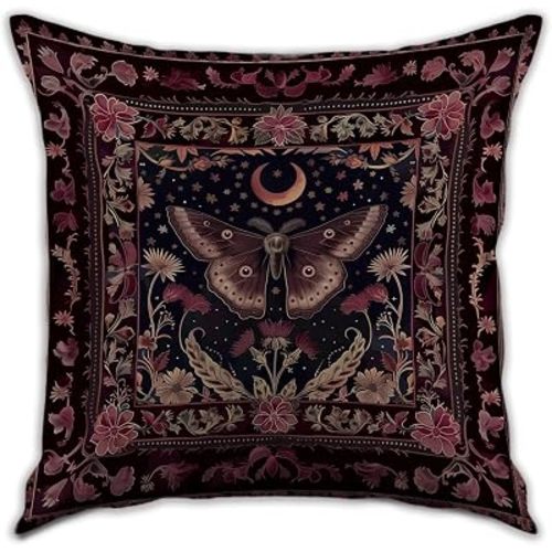 Luna Moth Throw Pillow Cover with Moon&Floral Design, Vintage Dark Mystic Pillowcase Art Print Decor, Indoor Cushion Case for Sofa Couch Bed Living Room Bedroom Home (Red-Luna Moth, 18x18inche)