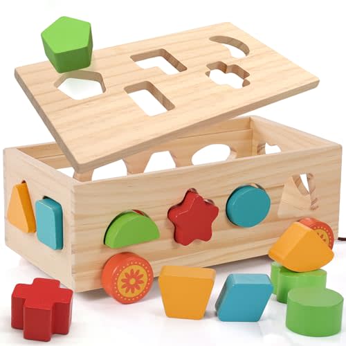 Jessruly Shape Sorter - Montessori Wooden Learning Shapes Toy with 17 Shape Blocks - Early Education and Sensory Development Storage Pull Car for Toddlers, SSC03